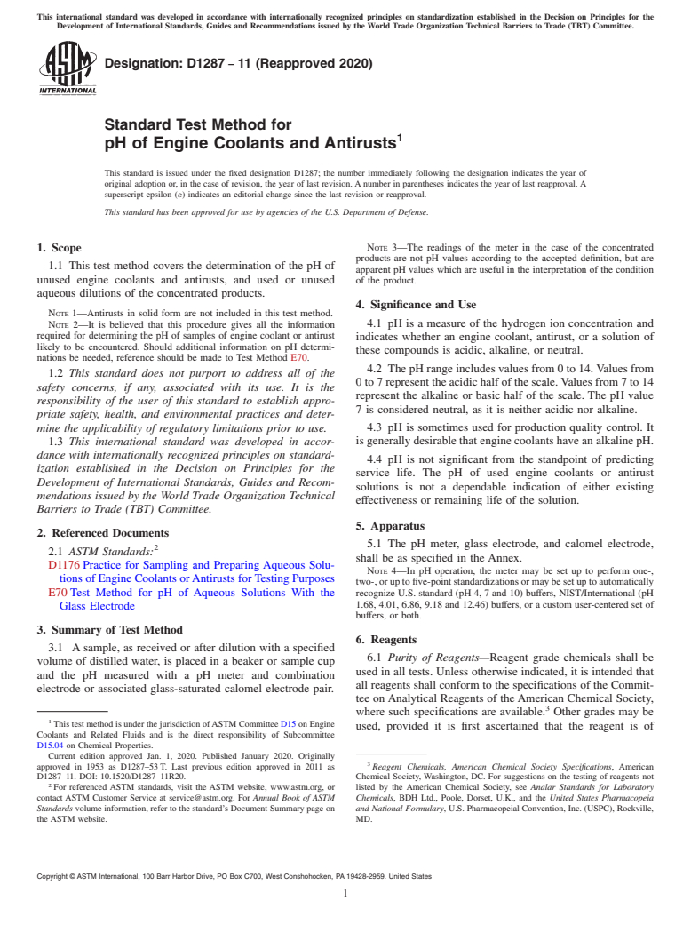 ASTM D1287-11(2020) - Standard Test Method for pH of Engine Coolants and Antirusts