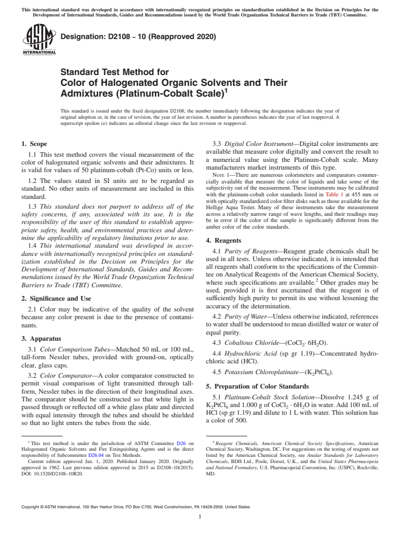 ASTM D2108-10(2020) - Standard Test Method for Color of Halogenated Organic Solvents and Their Admixtures  (Platinum-Cobalt Scale)