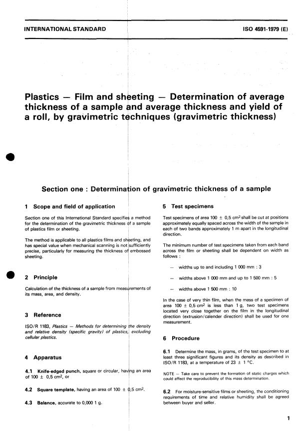 ISO 4591:1979 - Plastics -- Film and sheeting -- Determination of average thickness of a sample and average thickness and yield of a roll, by gravimetric techniques (gravimetric thickness)