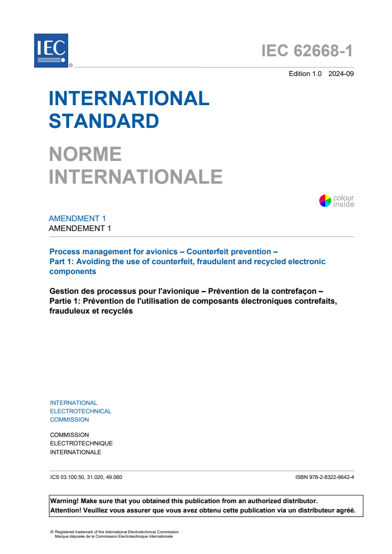 IEC 62668-1:2019/AMD1:2024 - Amendment 1 - Process management for avionics - Counterfeit prevention - Part 1: Avoiding the use of counterfeit, fraudulent and recycled electronic components
Released:11. 09. 2024
Isbn:9782832296424