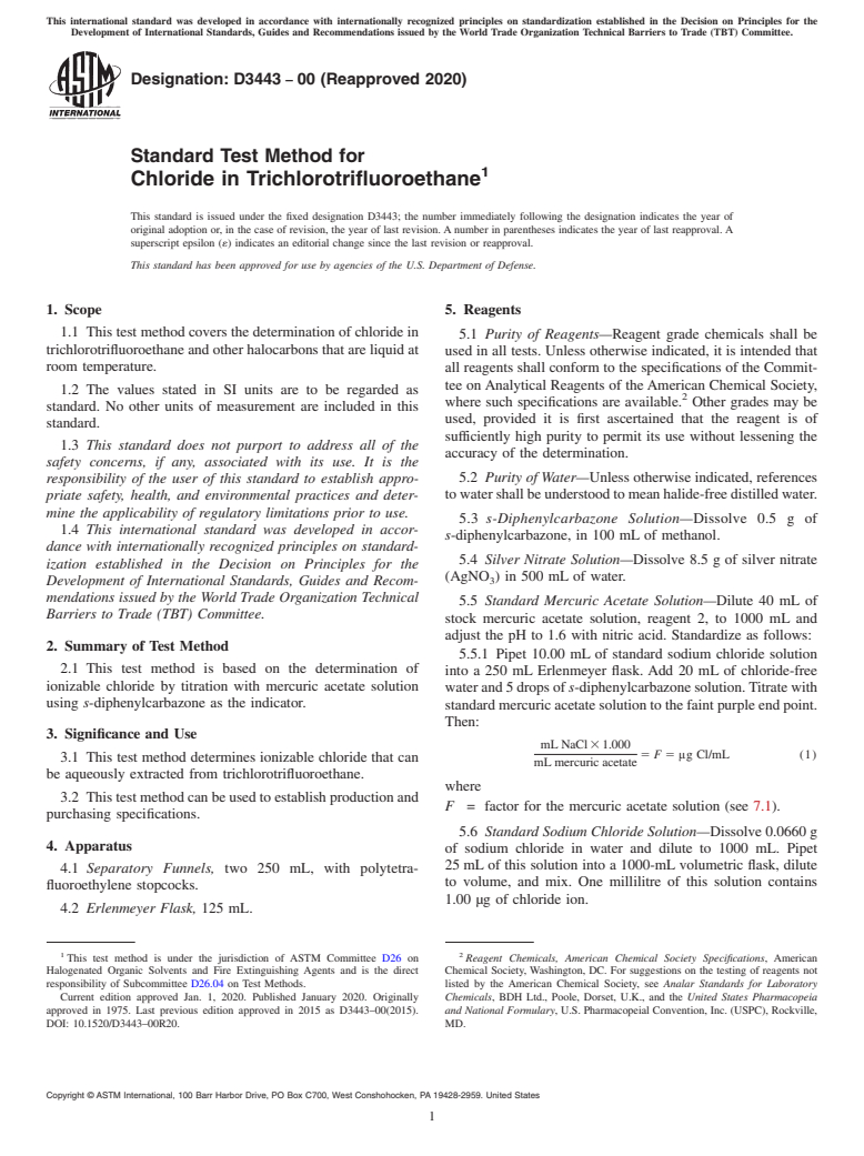 ASTM D3443-00(2020) - Standard Test Method for Chloride in Trichlorotrifluoroethane