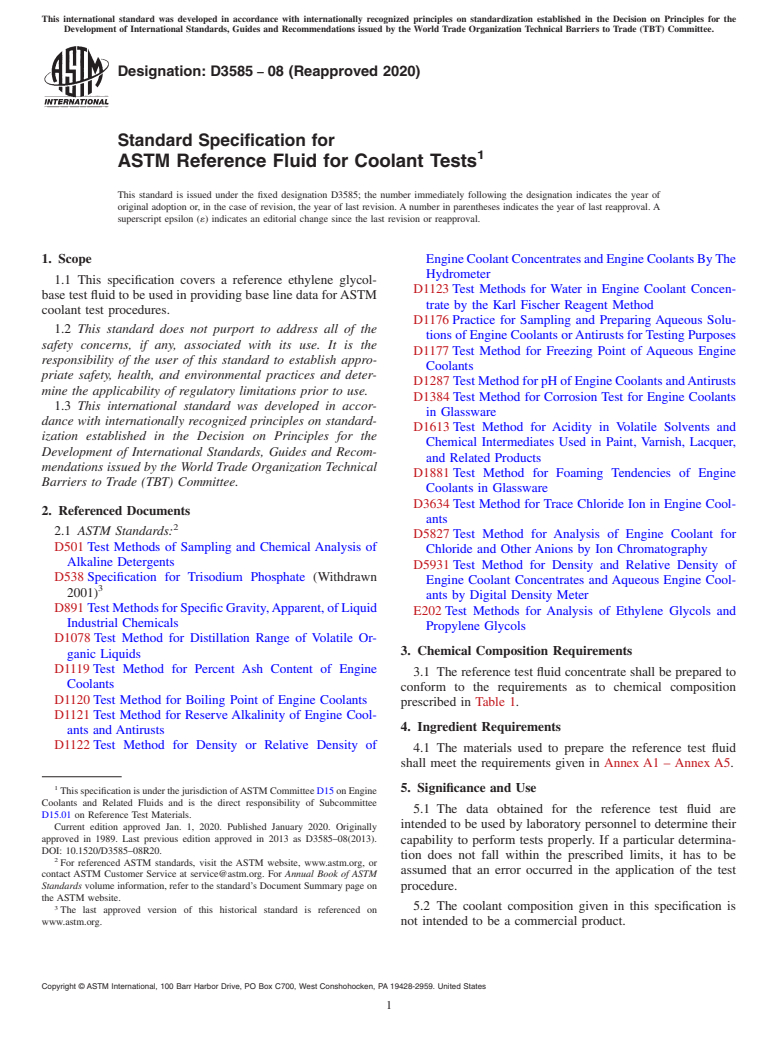 ASTM D3585-08(2020) - Standard Specification for ASTM Reference Fluid for Coolant Tests