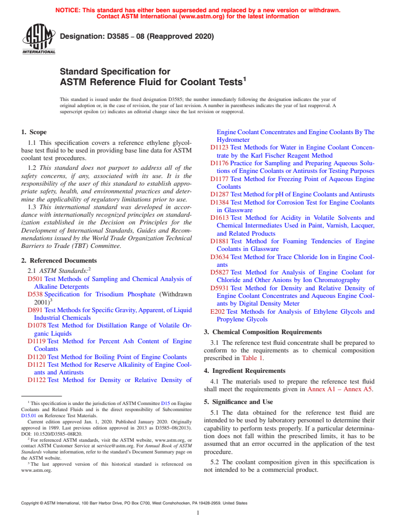 ASTM D3585-08(2020) - Standard Specification for ASTM Reference Fluid for Coolant Tests