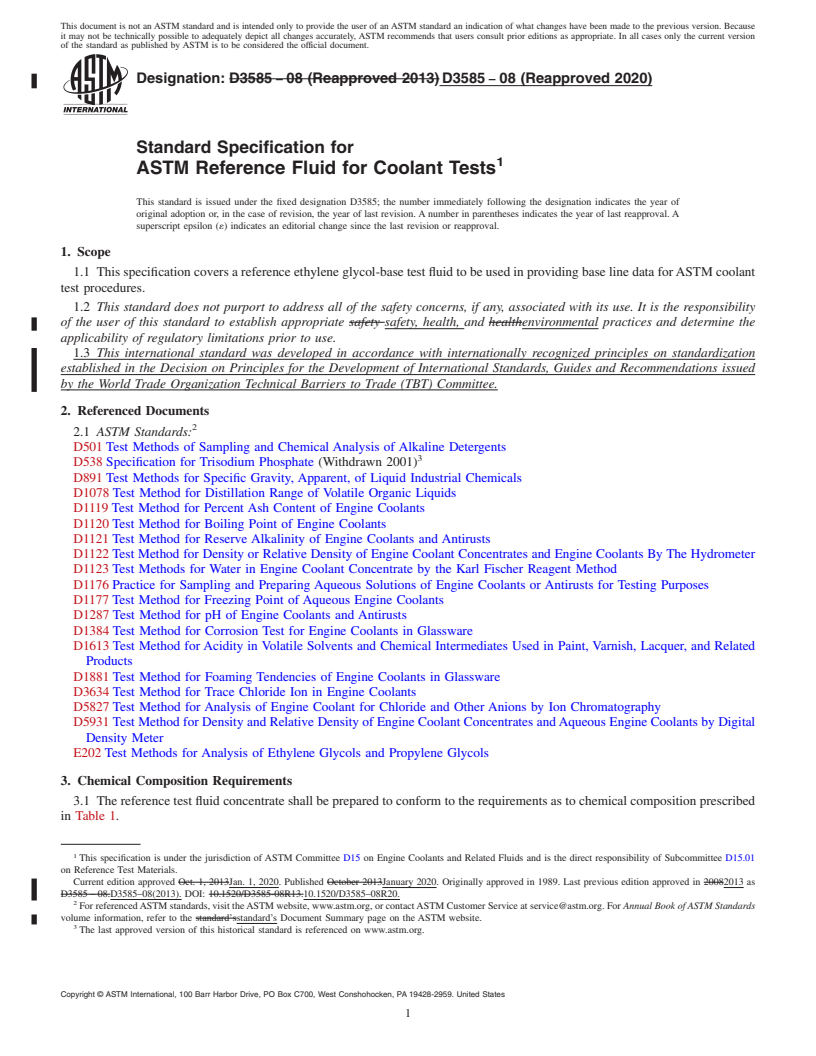 REDLINE ASTM D3585-08(2020) - Standard Specification for ASTM Reference Fluid for Coolant Tests