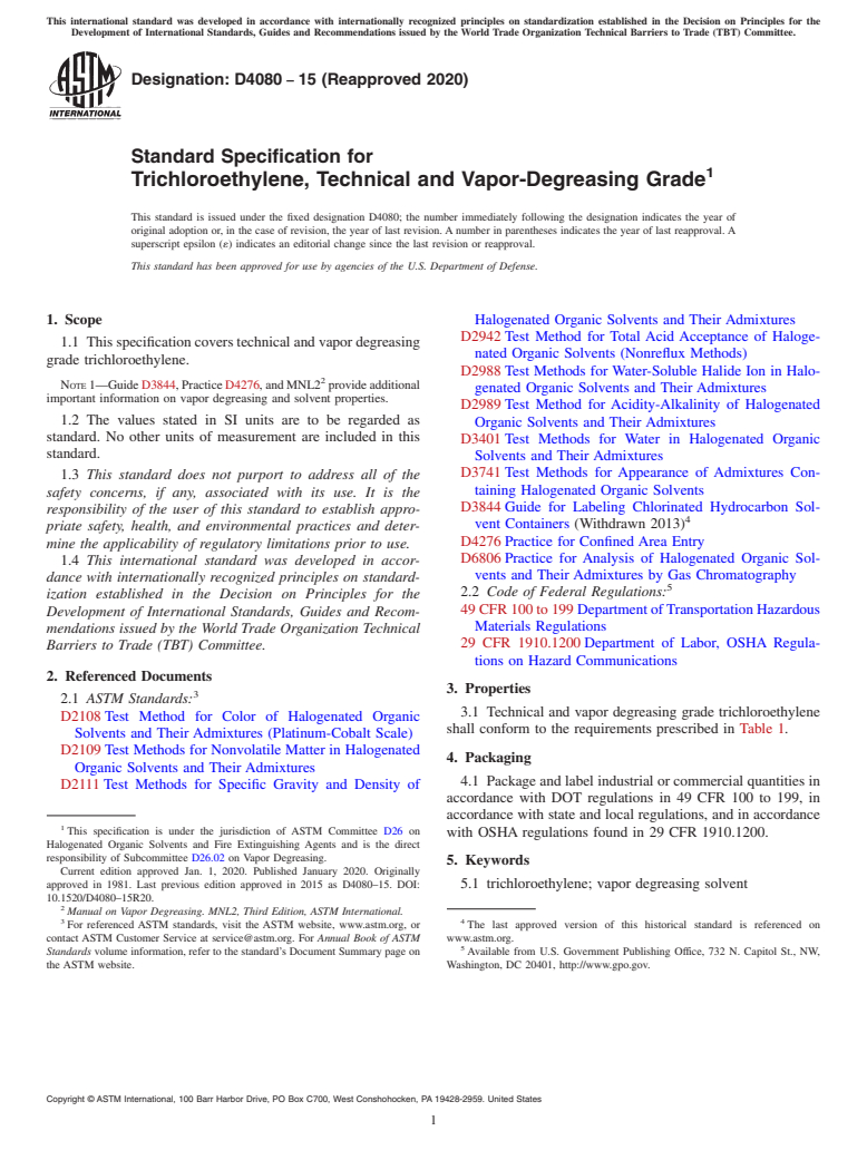 ASTM D4080-15(2020) - Standard Specification for Trichloroethylene, Technical and Vapor-Degreasing Grade