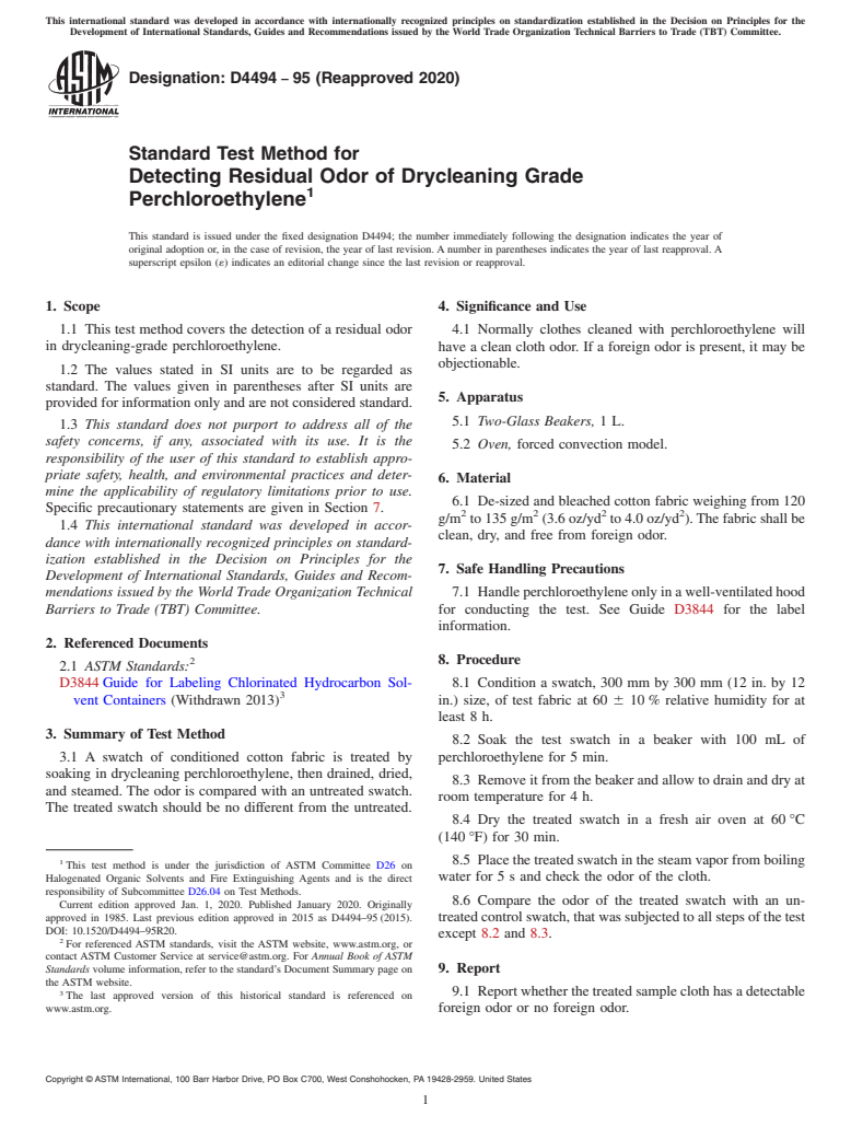 ASTM D4494-95(2020) - Standard Test Method for Detecting Residual Odor of Drycleaning Grade Perchloroethylene