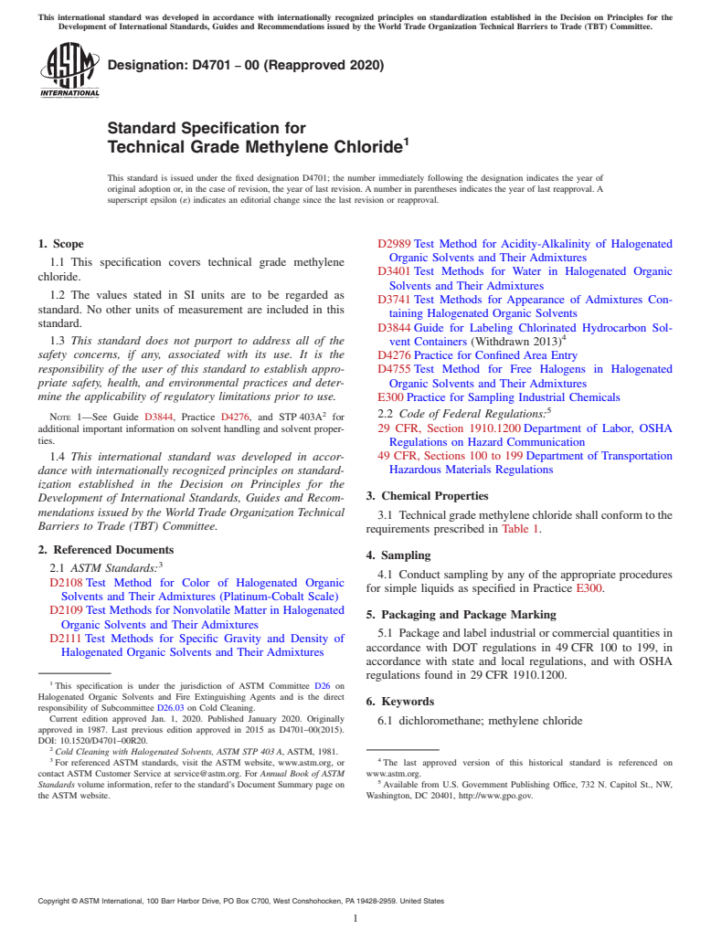 ASTM D4701-00(2020) - Standard Specification for Technical Grade Methylene Chloride