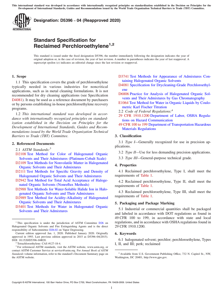 ASTM D5396-04(2020) - Standard Specification for Reclaimed Perchloroethylene