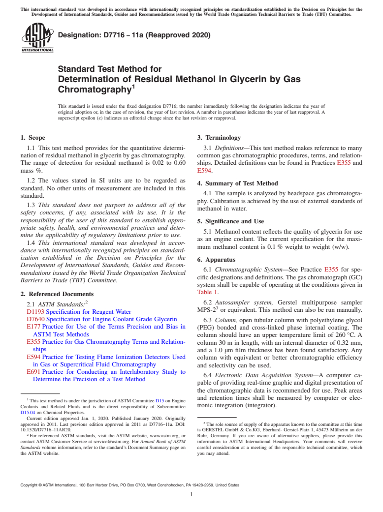 ASTM D7716-11a(2020) - Standard Test Method for Determination of Residual Methanol in Glycerin by Gas Chromatography