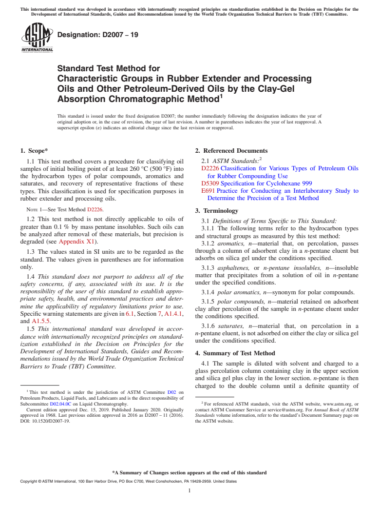 ASTM D2007-19 - Standard Test Method for Characteristic Groups in Rubber Extender and Processing Oils   and Other Petroleum-Derived Oils by the Clay-Gel Absorption Chromatographic   Method