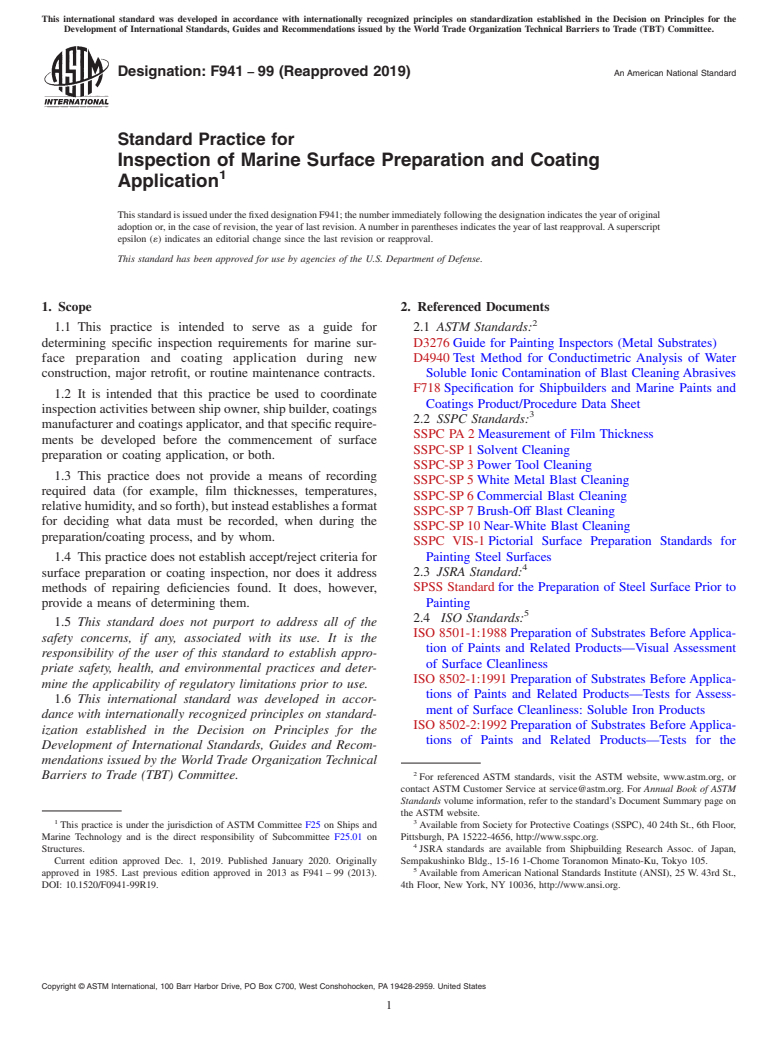 ASTM F941-99(2019) - Standard Practice for  Inspection of Marine Surface Preparation and Coating Application