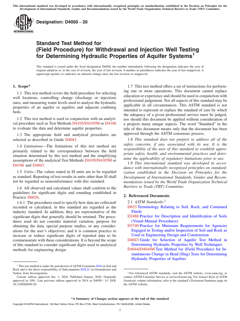 ASTM D4050-20 - Standard Test Method for  (Field Procedure) for Withdrawal and Injection Well Testing  for Determining Hydraulic Properties of Aquifer Systems