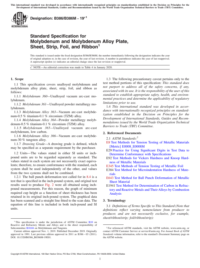 ASTM B386/B386M-19e1 - Standard Specification for Molybdenum and Molybdenum Alloy Plate,<brk/>Sheet, Strip, Foil,  and Ribbon