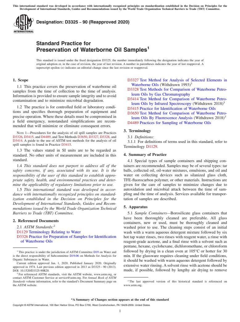 ASTM D3325-90(2020) - Standard Practice for  Preservation of Waterborne Oil Samples
