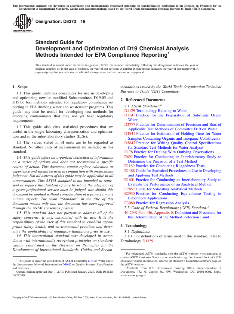 ASTM D8272-19 - Standard Guide for Development and Optimization of D19 Chemical Analysis Methods  Intended for EPA Compliance Reporting
