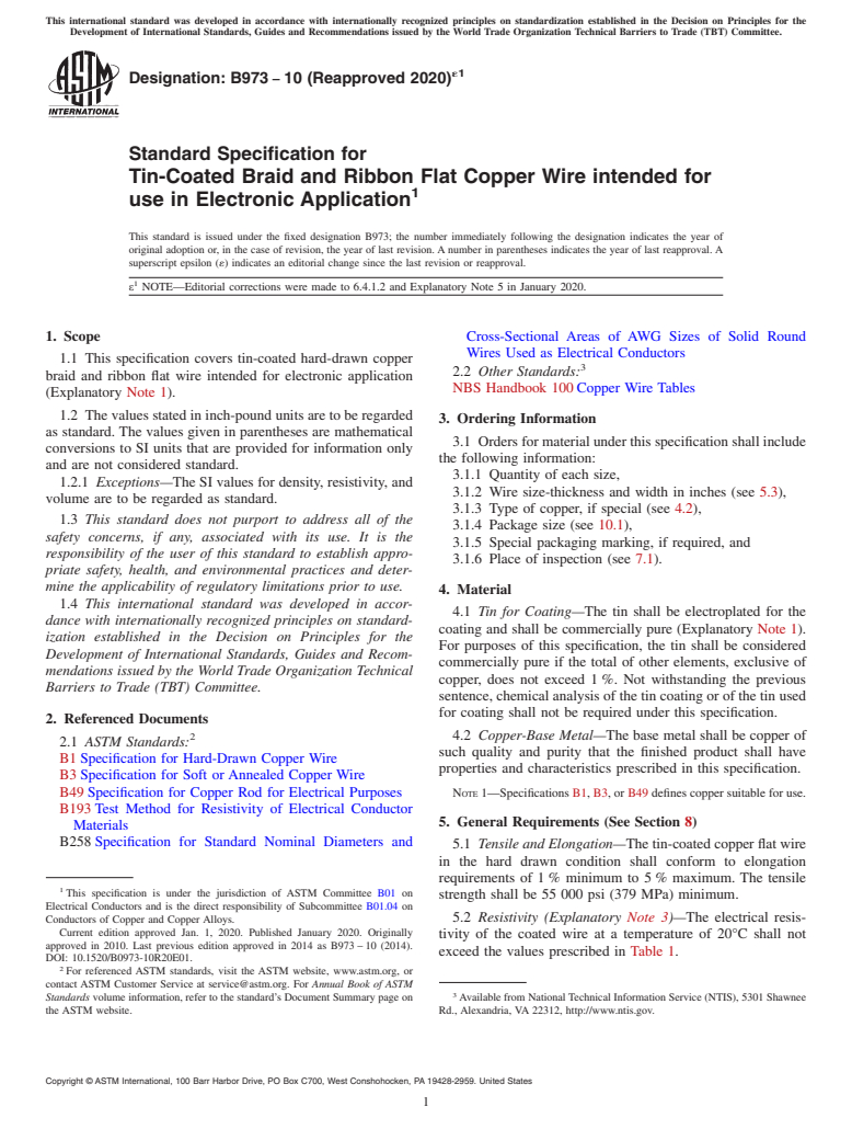 ASTM B973-10(2020)e1 - Standard Specification for Tin-Coated Braid and Ribbon Flat Copper Wire intended for use   in Electronic Application