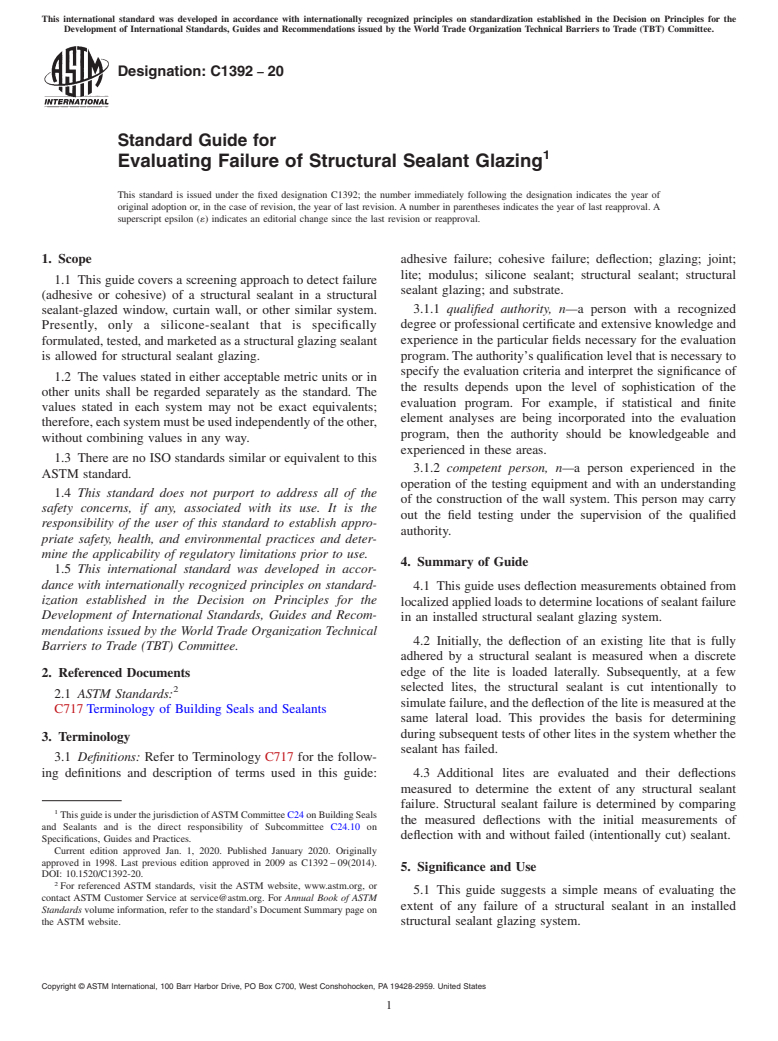 ASTM C1392-20 - Standard Guide for  Evaluating Failure of Structural Sealant Glazing