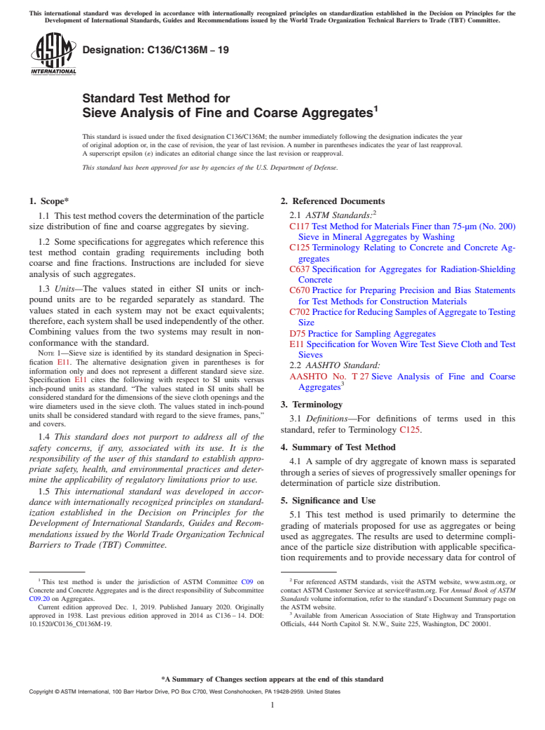 ASTM C136/C136M-19 - Standard Test Method for  Sieve Analysis of Fine and Coarse Aggregates