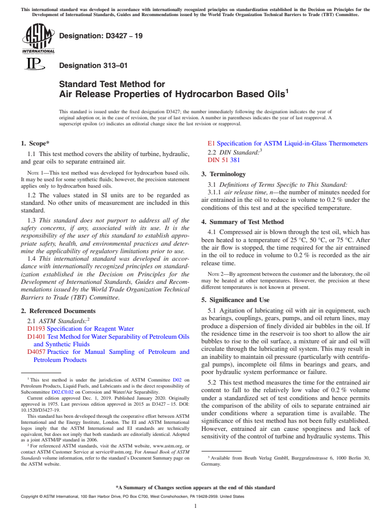 ASTM D3427-19 - Standard Test Method for Air Release Properties of Hydrocarbon Based Oils