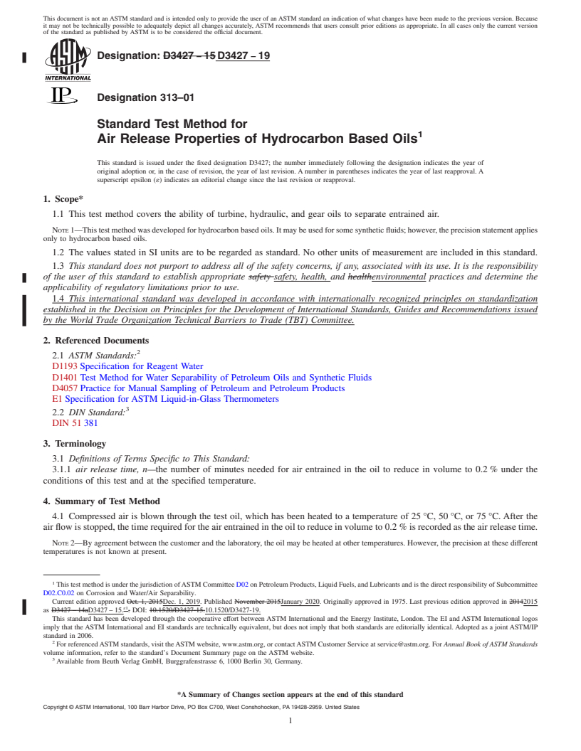 REDLINE ASTM D3427-19 - Standard Test Method for Air Release Properties of Hydrocarbon Based Oils