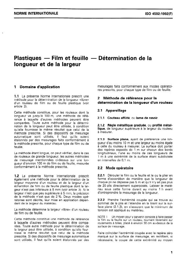 ISO 4592:1992 - Plastiques -- Film et feuille -- Détermination de la longueur et de la largeur