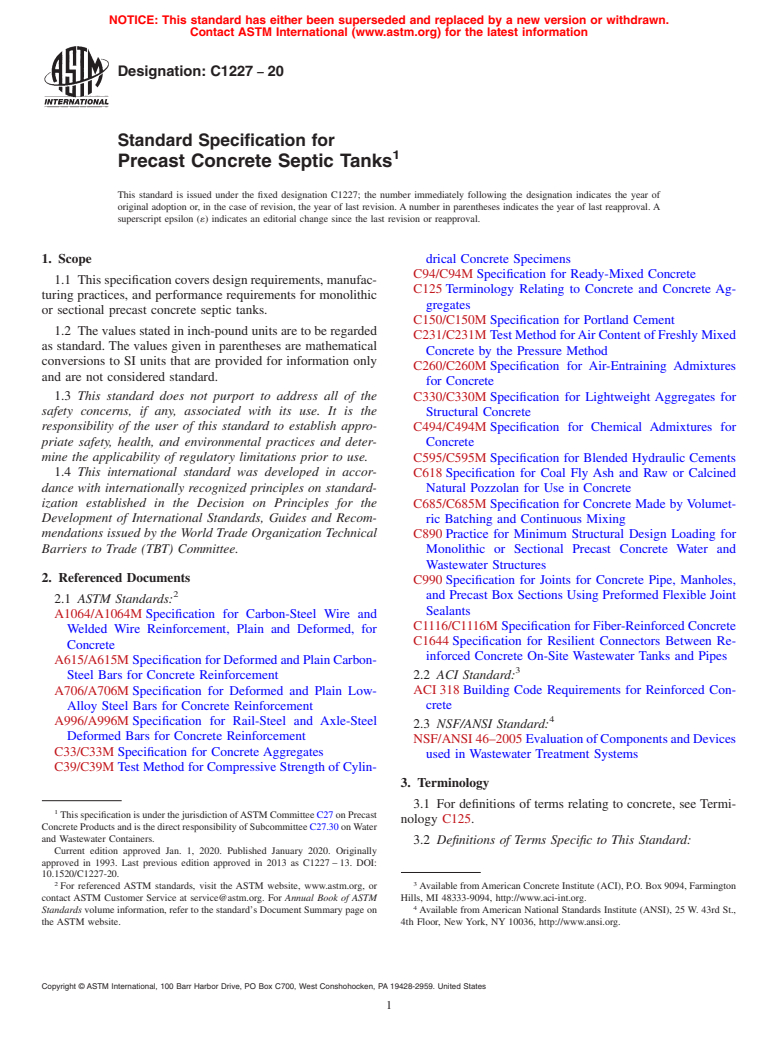 ASTM C1227-20 - Standard Specification for  Precast Concrete Septic Tanks