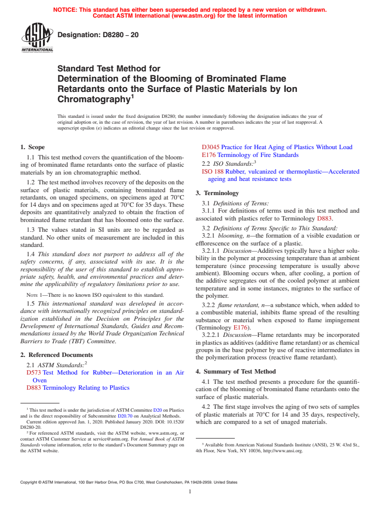ASTM D8280-20 - Standard Test Method for Determination of the Blooming of Brominated Flame Retardants  onto the Surface of Plastic Materials by Ion Chromatography