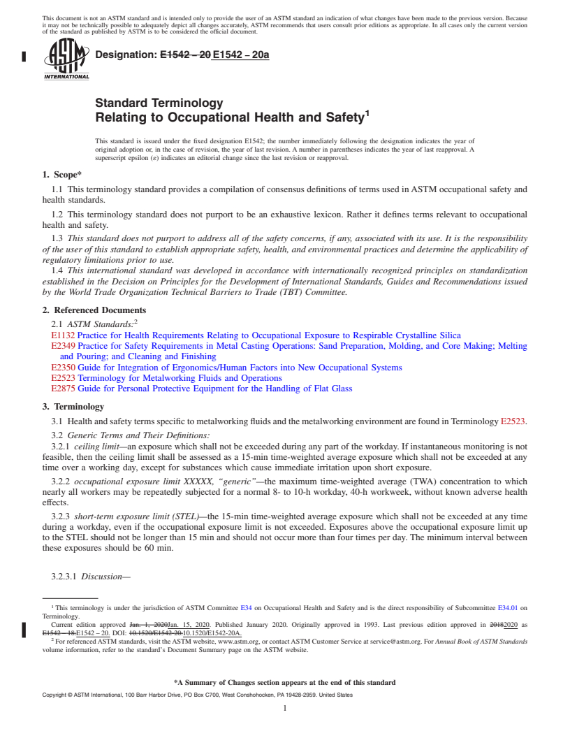 REDLINE ASTM E1542-20a - Standard Terminology  Relating to Occupational Health and Safety