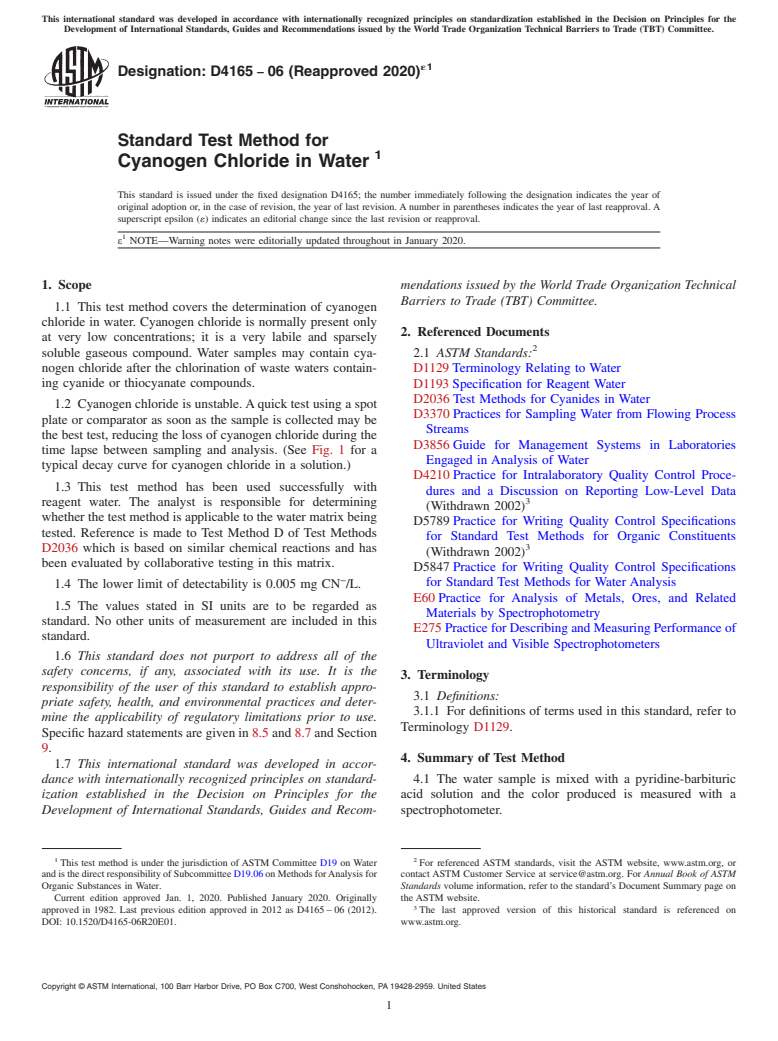 ASTM D4165-06(2020)e1 - Standard Test Method for  Cyanogen Chloride in Water&#x2009;