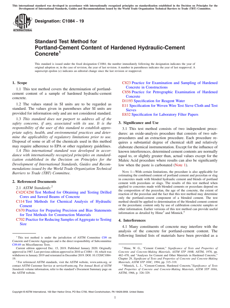 ASTM C1084-19 - Standard Test Method for  Portland-Cement Content of Hardened Hydraulic-Cement Concrete