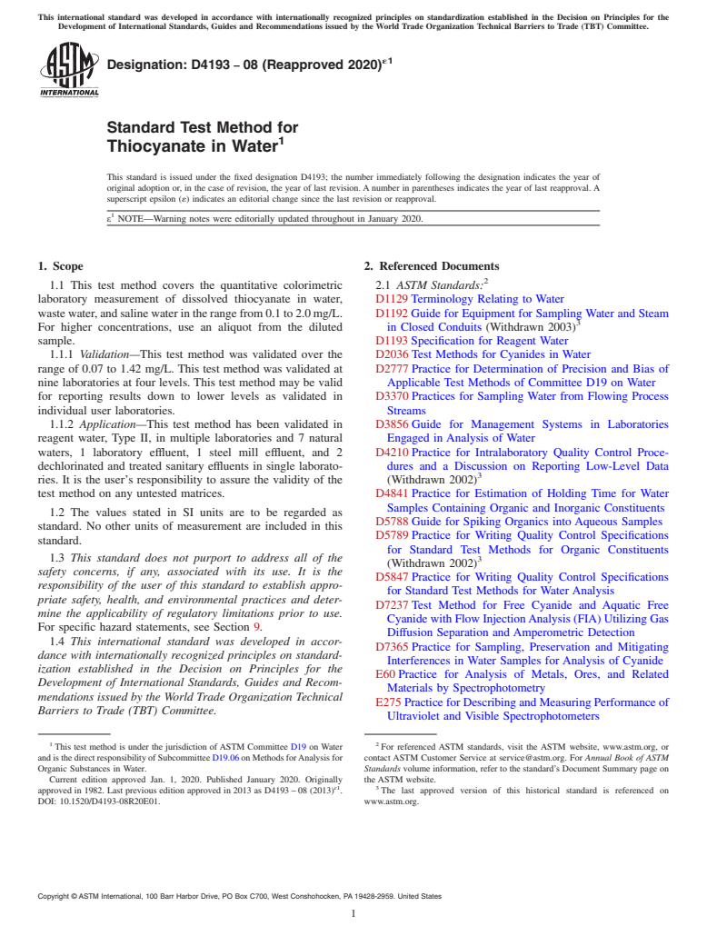 ASTM D4193-08(2020)e1 - Standard Test Method for  Thiocyanate in Water