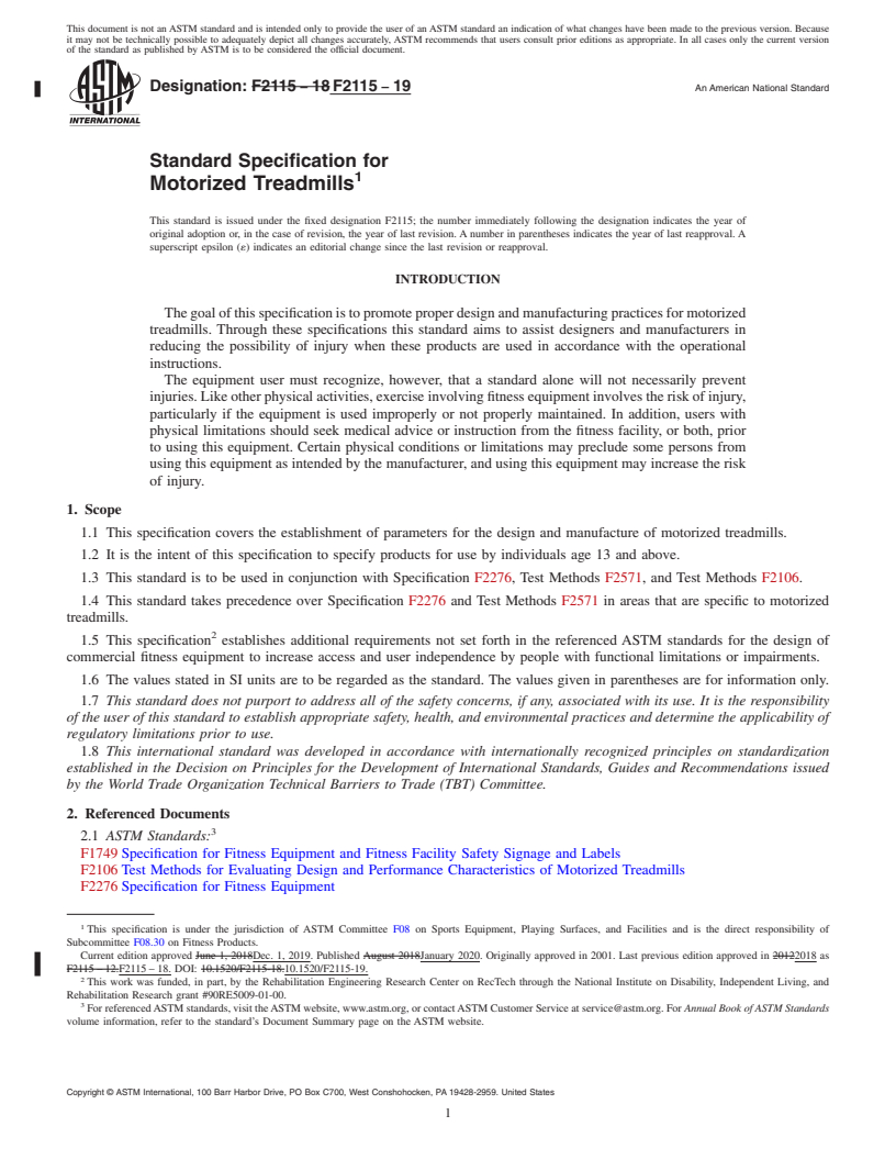 REDLINE ASTM F2115-19 - Standard Specification for Motorized Treadmills