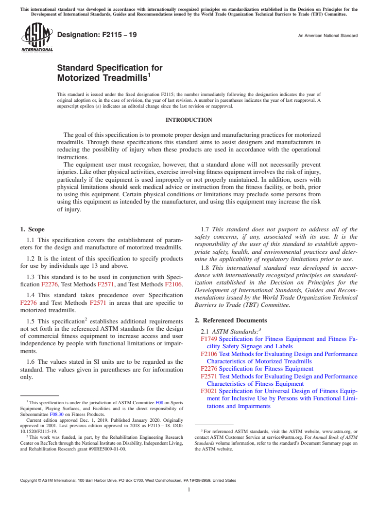 ASTM F2115-19 - Standard Specification for Motorized Treadmills