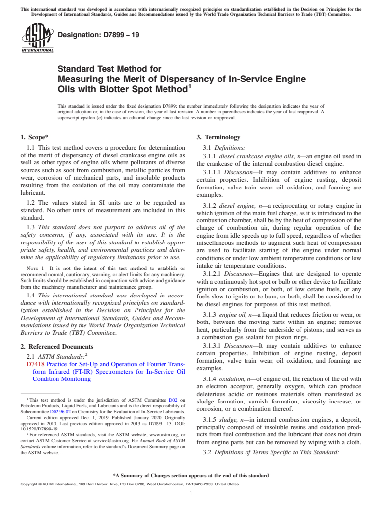 ASTM D7899-19 - Standard Test Method for Measuring the Merit of Dispersancy of In-Service Engine Oils  with Blotter Spot Method