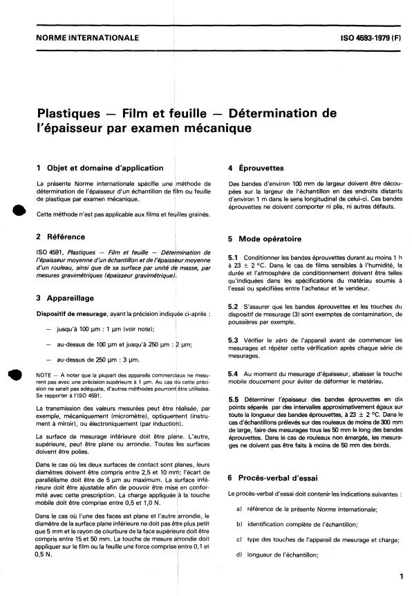 ISO 4593:1979 - Plastiques -- Film et feuille -- Détermination de l'épaisseur par examen mécanique