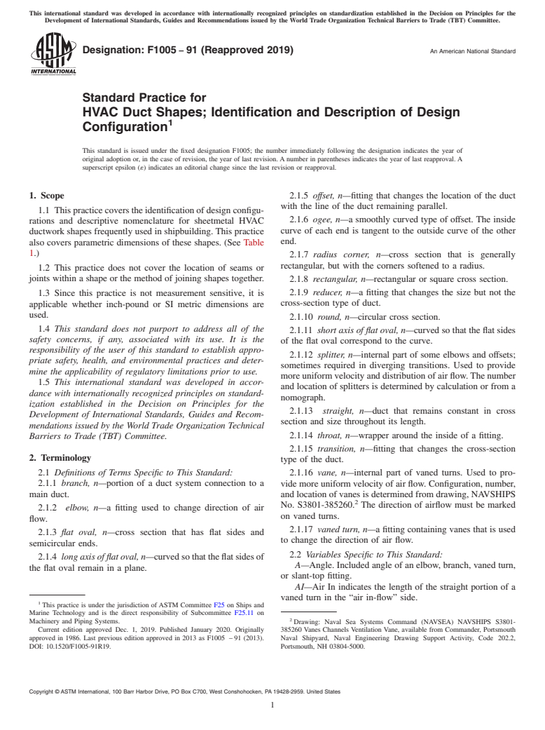 ASTM F1005-91(2019) - Standard Practice for  HVAC Duct Shapes; Identification and Description of Design  Configuration