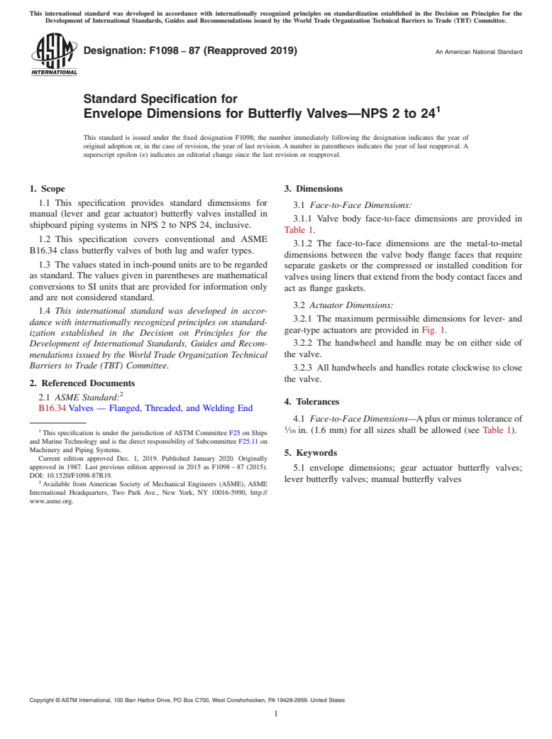 ASTM F1098-87(2019) - Standard Specification for  Envelope Dimensions for Butterfly Valves&#x2014;NPS 2 to 24