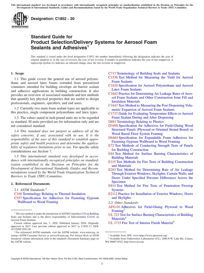 ASTM C1852-20 - Standard Guide for Product Selection/Delivery Systems for Aerosol Foam Sealants  and Adhesives