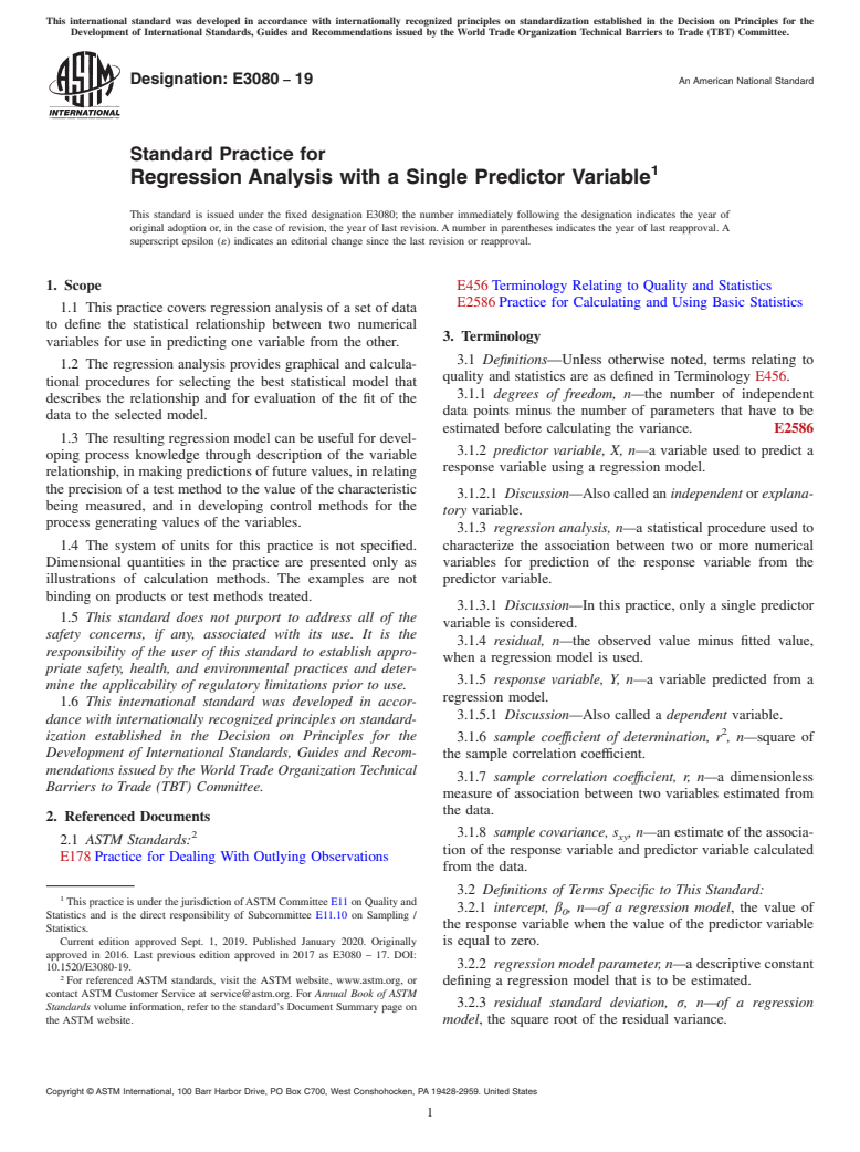 ASTM E3080-19 - Standard Practice for Regression Analysis with a Single Predictor Variable