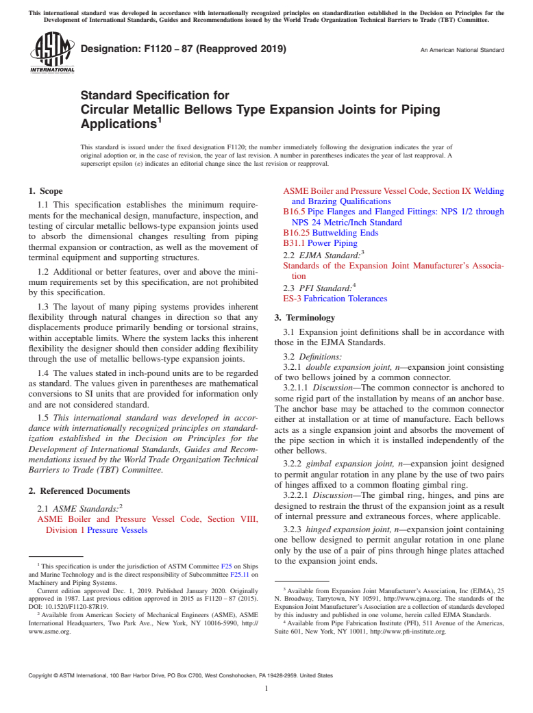 ASTM F1120-87(2019) - Standard Specification for  Circular Metallic Bellows Type Expansion Joints for Piping  Applications