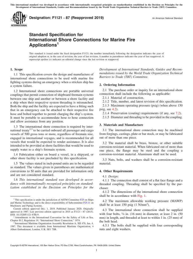 ASTM F1121-87(2019) - Standard Specification for  International Shore Connections for Marine Fire Applications