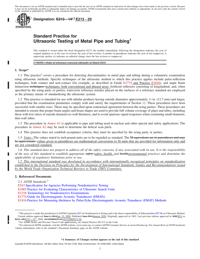 REDLINE ASTM E213-20 - Standard Practice for  Ultrasonic Testing of Metal Pipe and Tubing