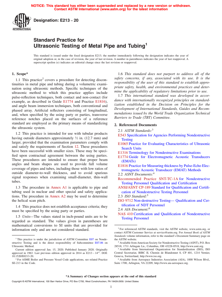 ASTM E213-20 - Standard Practice for  Ultrasonic Testing of Metal Pipe and Tubing