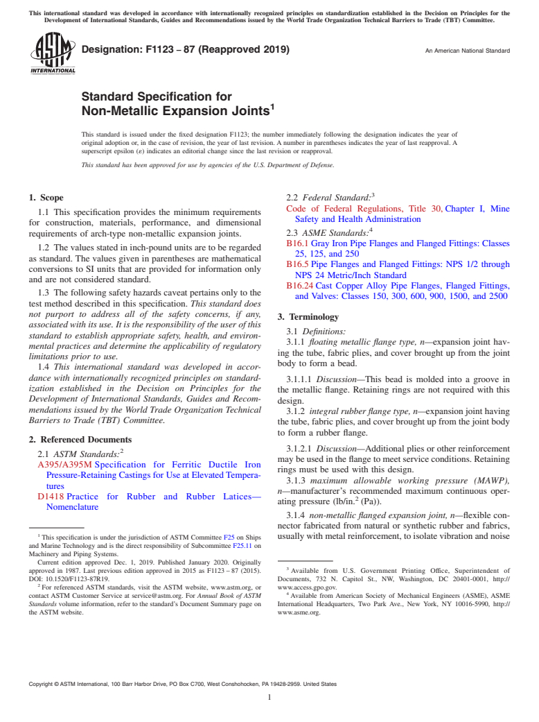 ASTM F1123-87(2019) - Standard Specification for  Non-Metallic Expansion Joints