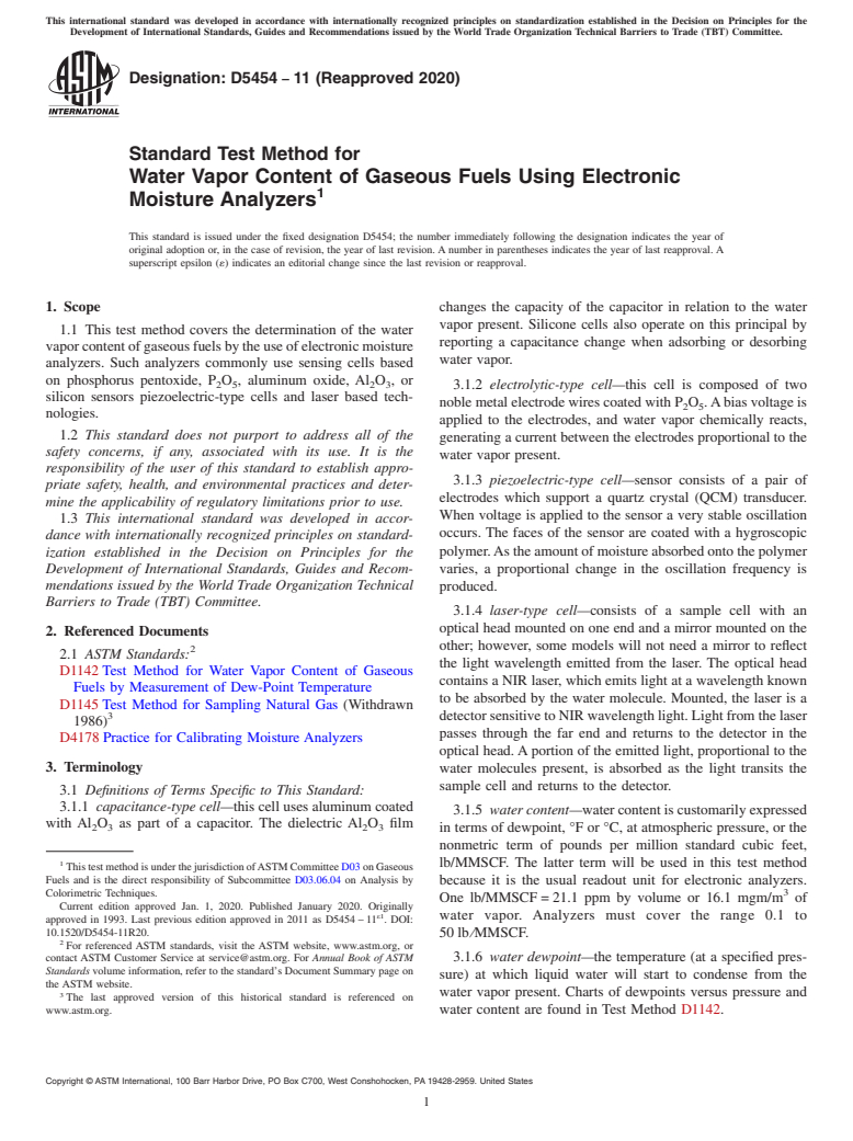 ASTM D5454-11(2020) - Standard Test Method for  Water Vapor Content of Gaseous Fuels Using Electronic Moisture  Analyzers