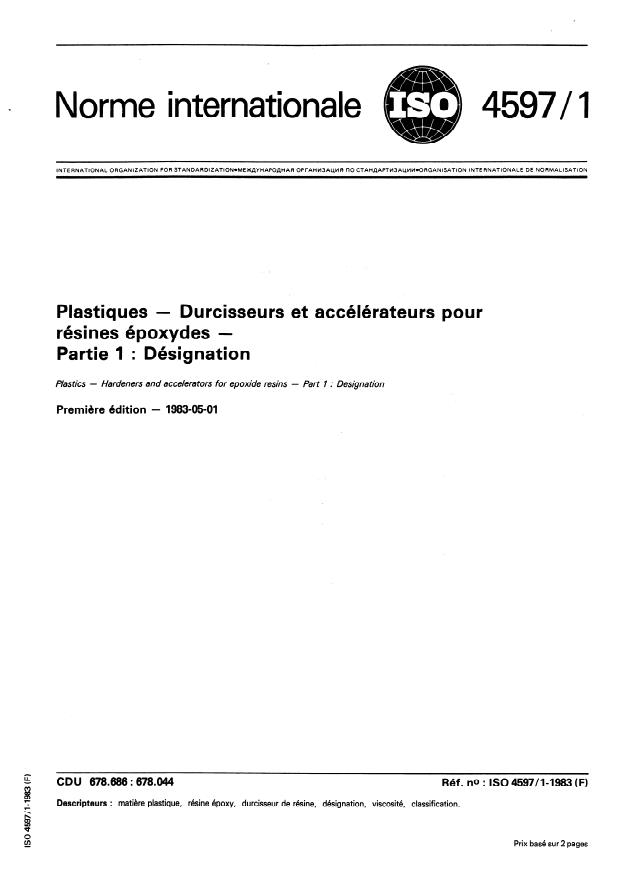 ISO 4597-1:1983 - Plastiques -- Durcisseurs et accélérateurs pour résines époxydes