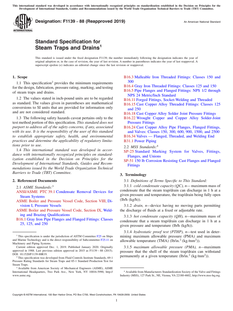 ASTM F1139-88(2019) - Standard Specification for  Steam Traps and Drains