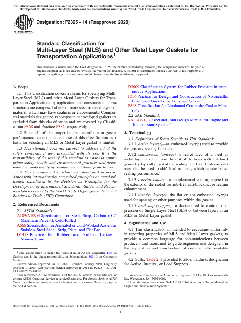 ASTM F2325-14(2020) - Standard Classification for  Multi-Layer Steel (MLS) and Other Metal Layer Gaskets for Transportation  Applications