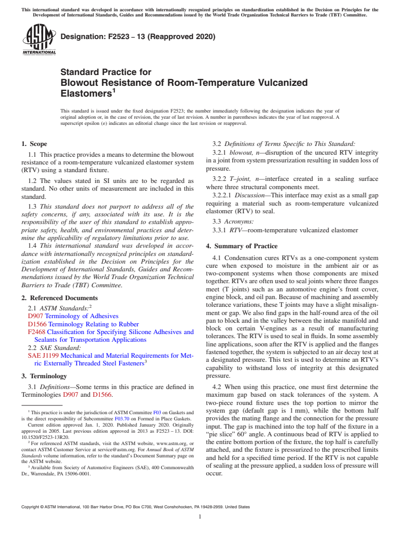 ASTM F2523-13(2020) - Standard Practice for  Blowout Resistance of Room-Temperature Vulcanized Elastomers