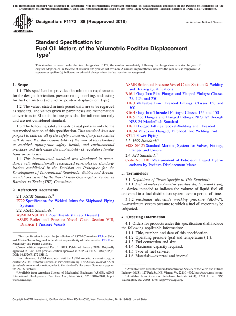 ASTM F1172-88(2019) - Standard Specification for  Fuel Oil Meters of the Volumetric Positive Displacement Type